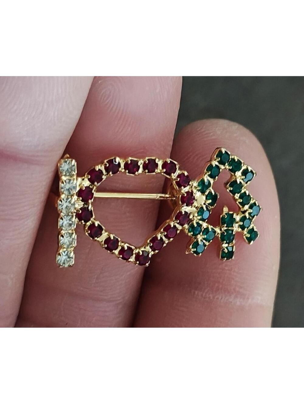 1980s "I Heart Christmas Tree" Gold Tone With Multi Colored Rhinestones Brooch